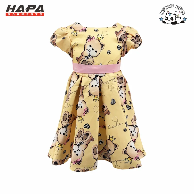 LEZONKIDS - Customized Girls Dresses Children's Birthday Party Clothes Puff Sleeve Bear Heart Print Princess Dress